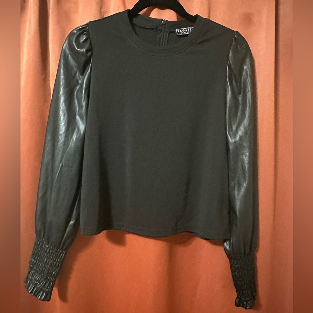 Bagatelle Collection Black Faux Leather Puff Sleeve Top